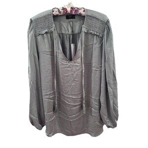 Tahari Pleated Satin Ruffle Blouse Top‎ 2X Peasant Boho